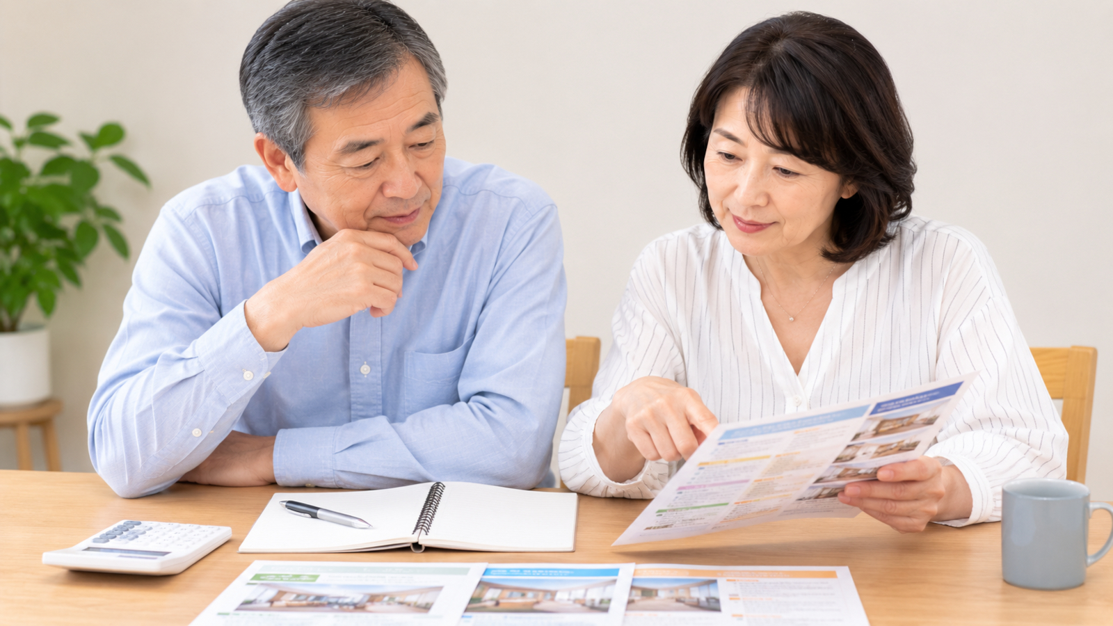 葬儀費用の資料を夫婦で比較する様子