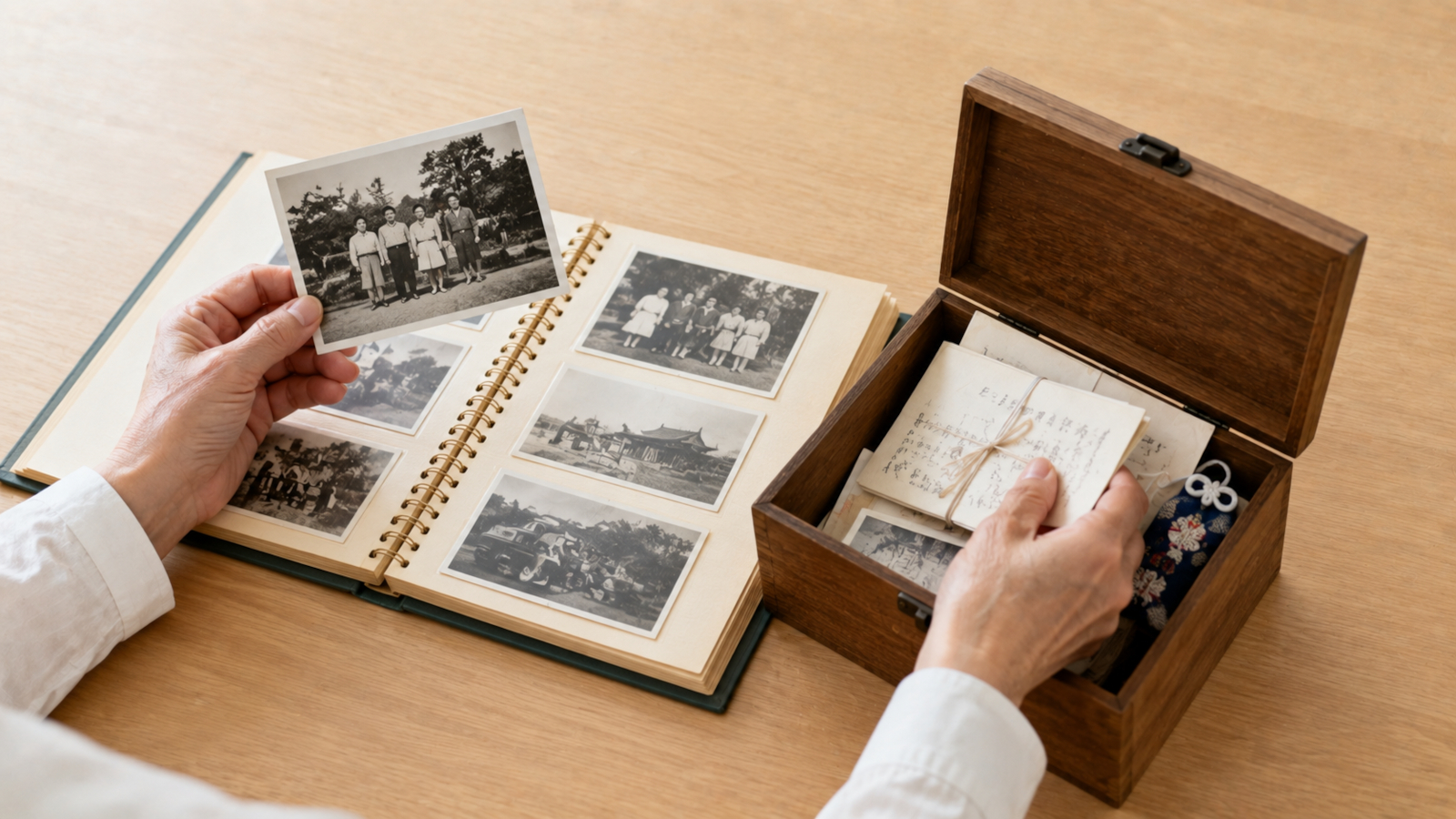 遺品整理で古い写真やアルバムを見る様子