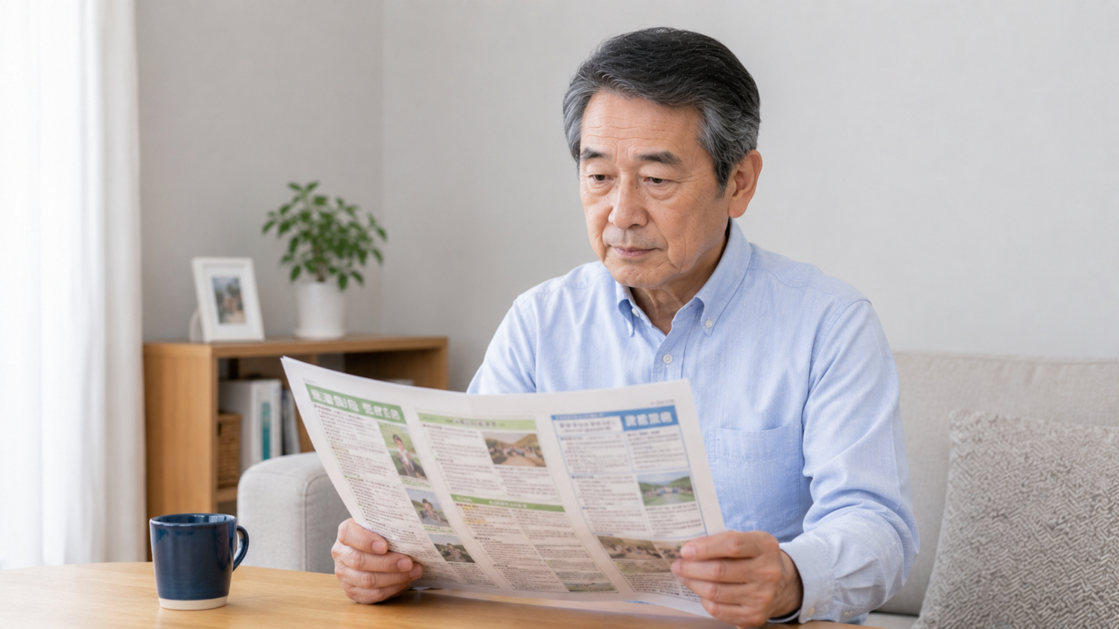 終活関連のニュースを新聞で読む様子