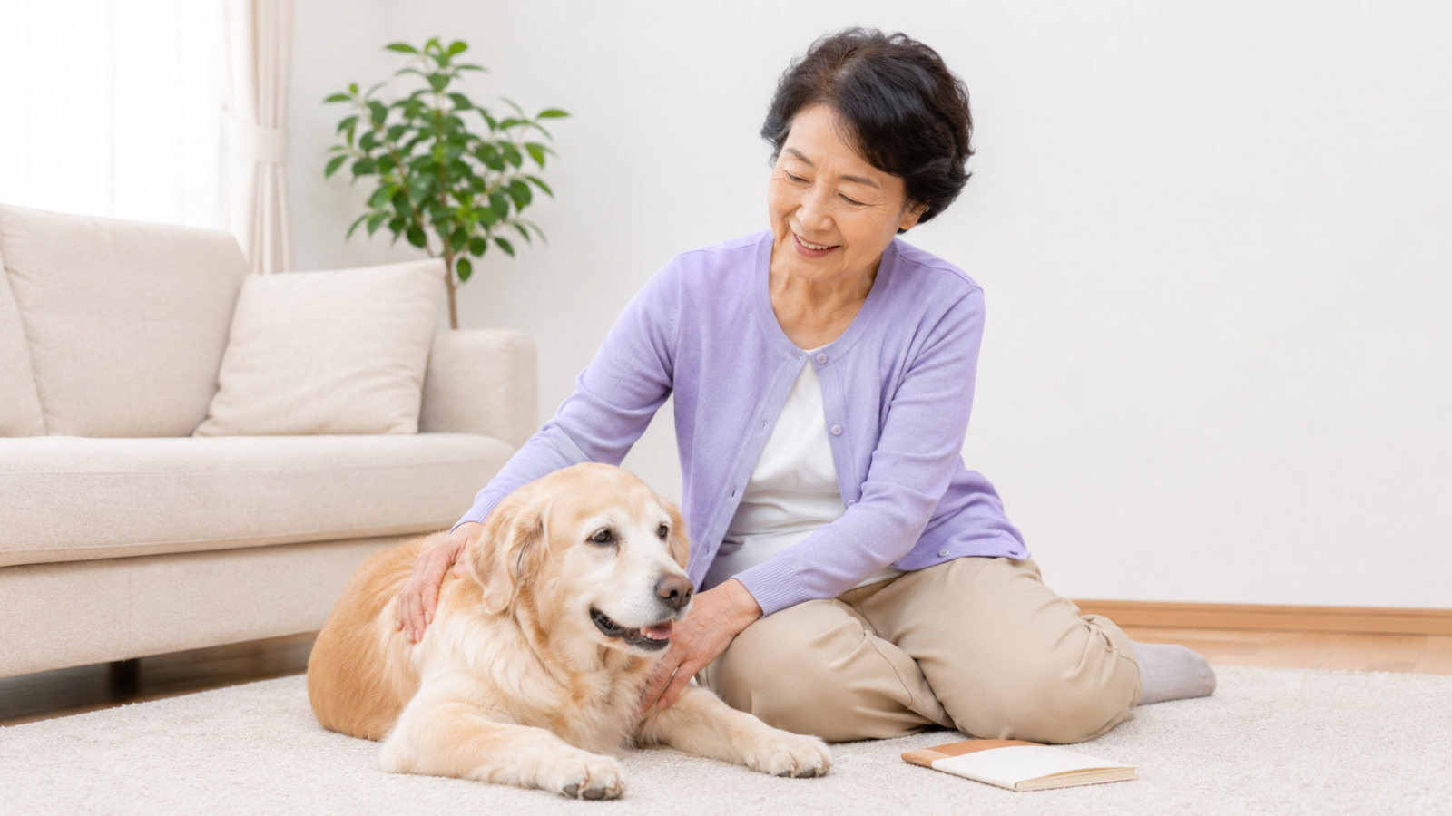 ペットと一緒に過ごす高齢女性