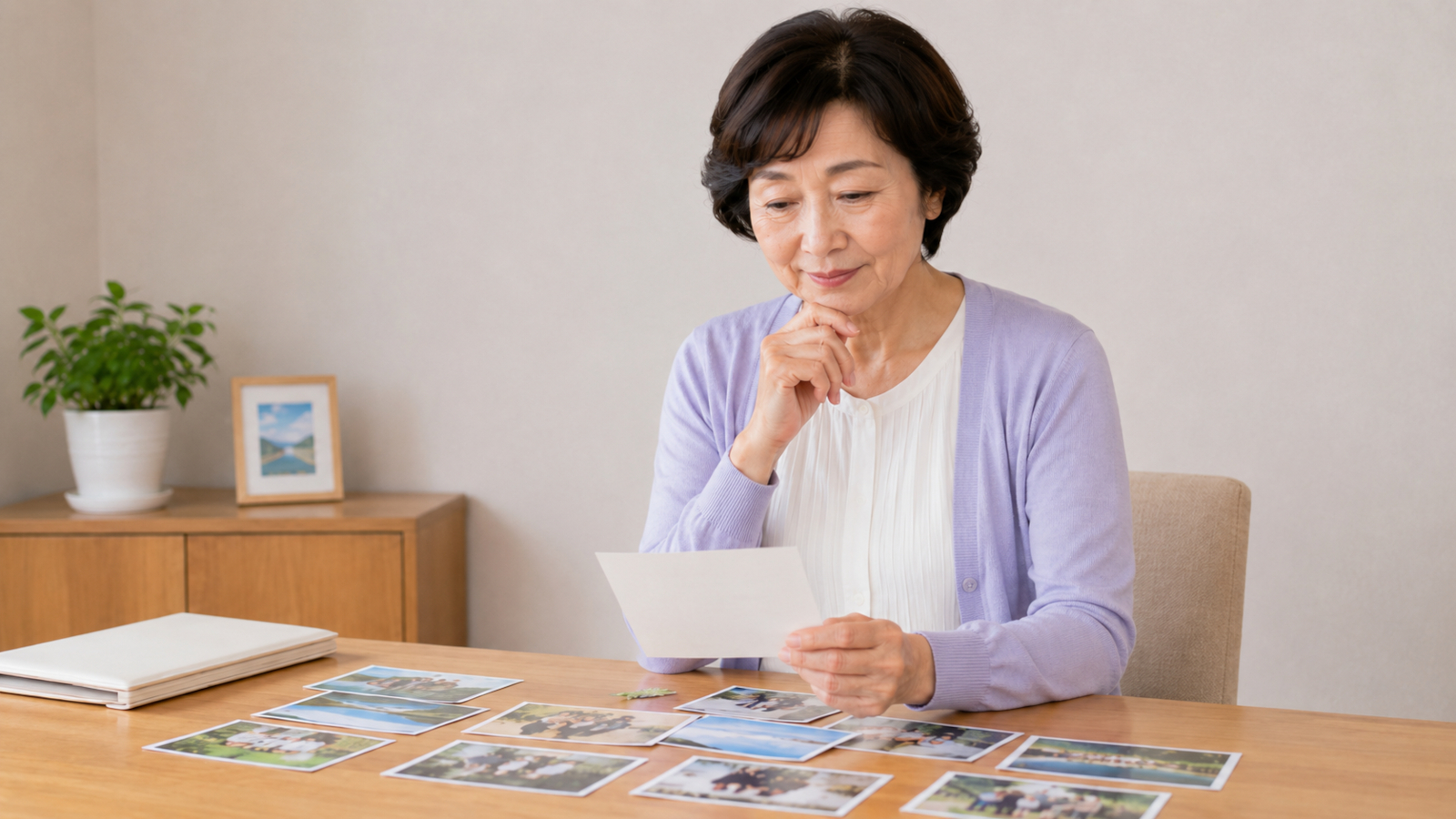 遺影用の写真を選んでいる高齢女性