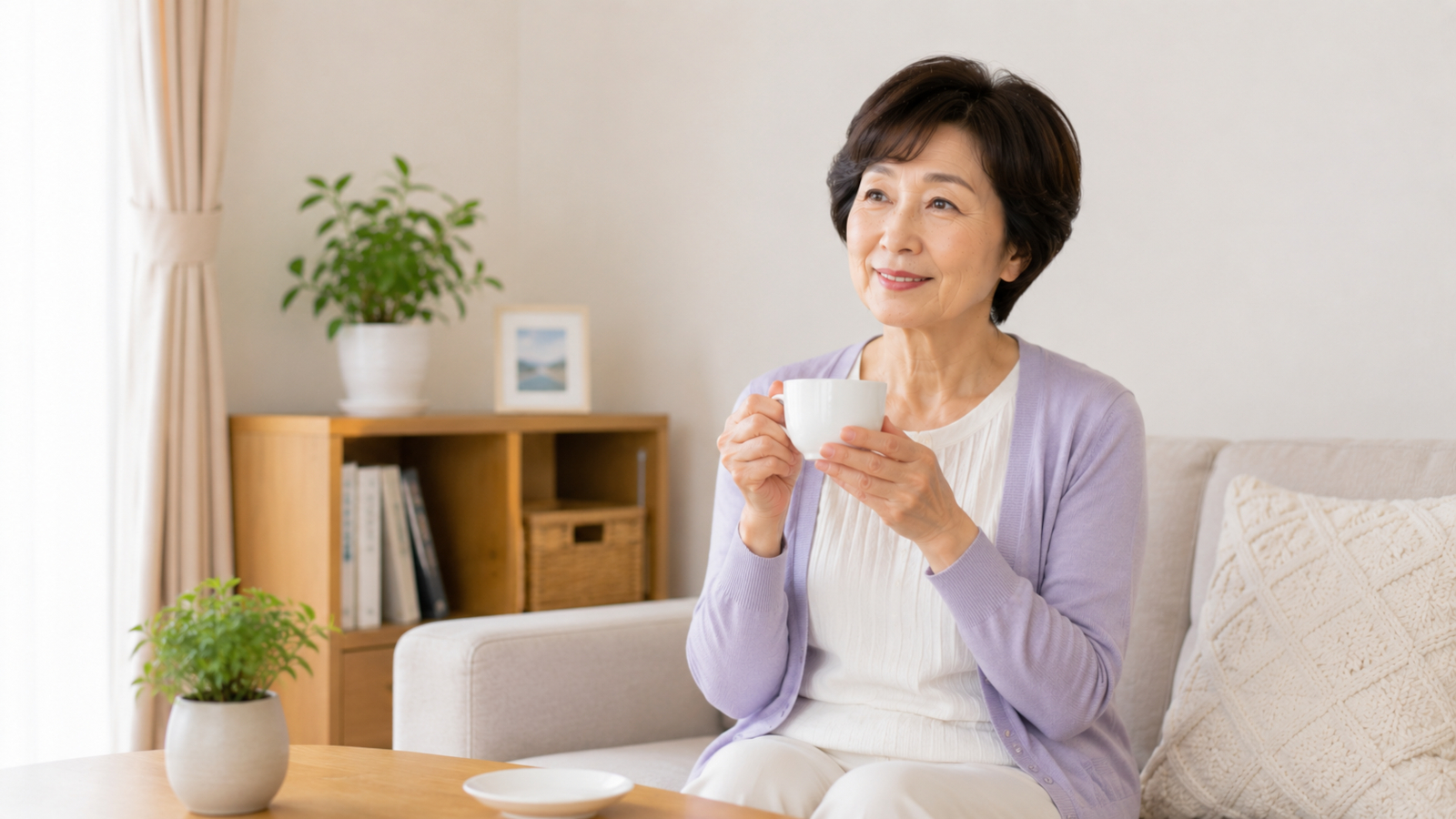 一人暮らしの女性がお茶を飲みながらくつろぐ様子
