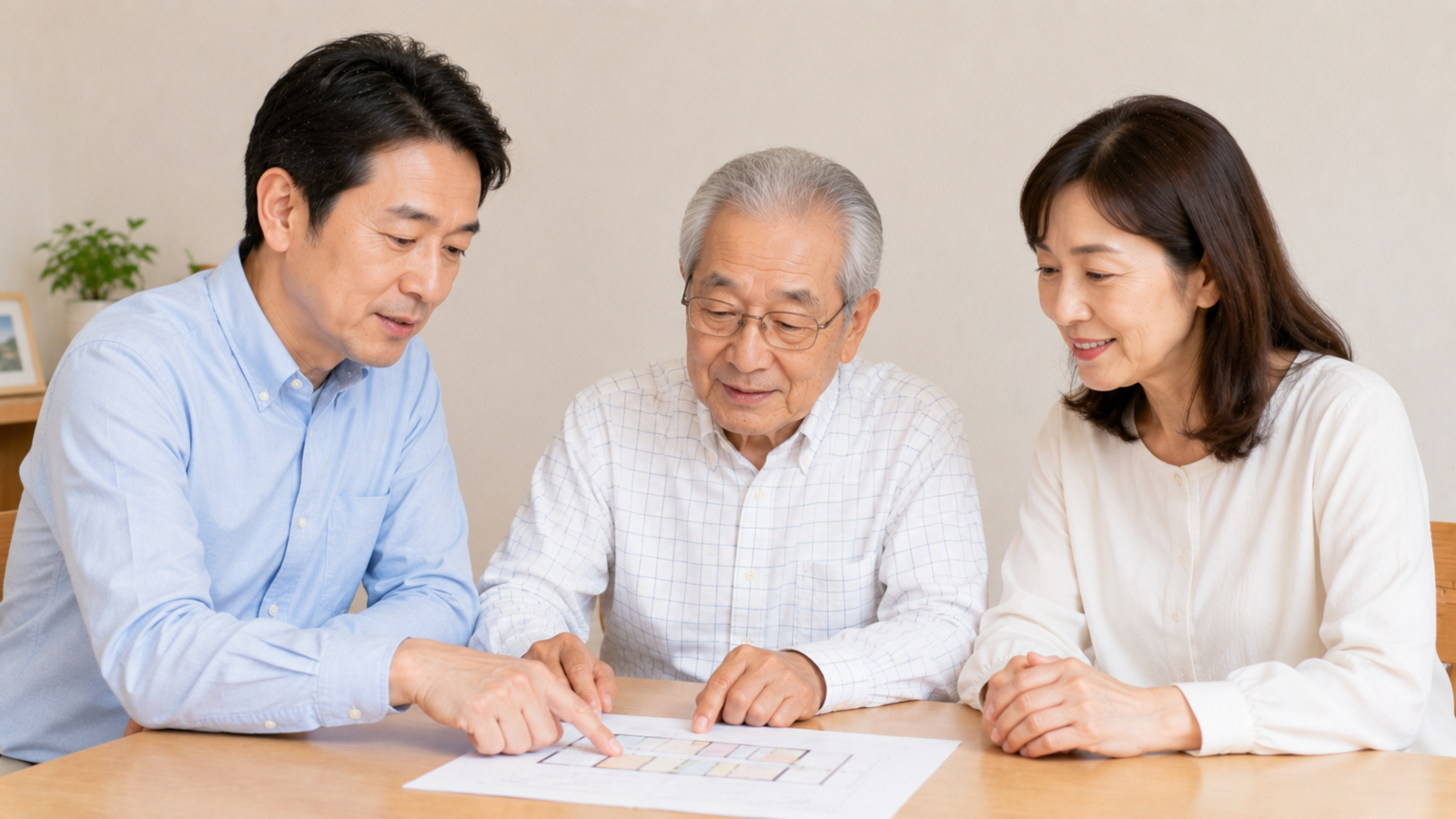 家族信託について家族で図を見ながら話す様子